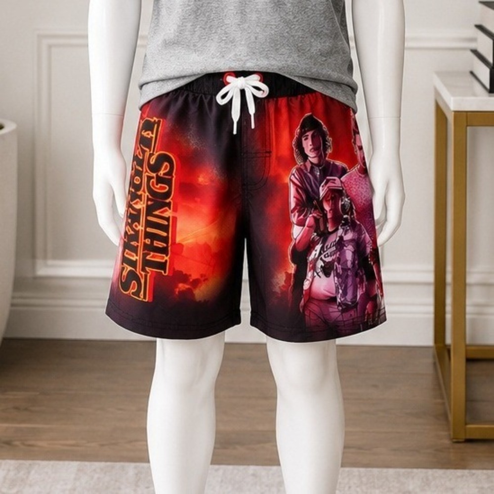 Stranger Things Boys Swim Shorts Black Red Graphic UV50 Sun Protection Size 6/7